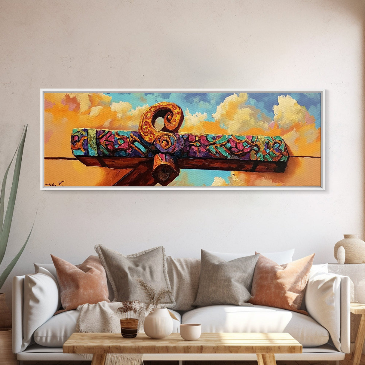 Folk Carved Beam, Southwest Wood Detail, Rustic Architecture Art, Colorful Entryway Style, Framed Canvas Print, Warm Wall Decor