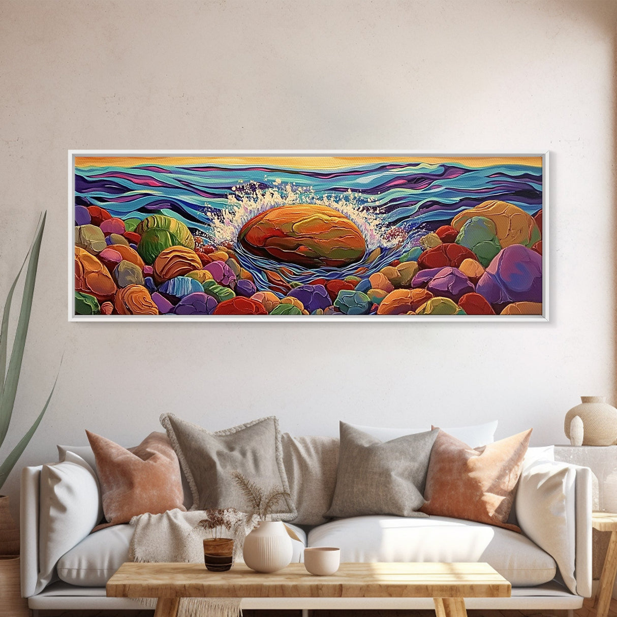 Ocean Splash, Bold Rocks, Sunset Colors, Canvas Print, Vibrant Coastal Art, Abstract Seaside Decor, Living Room Wall Art, Boho Vibes