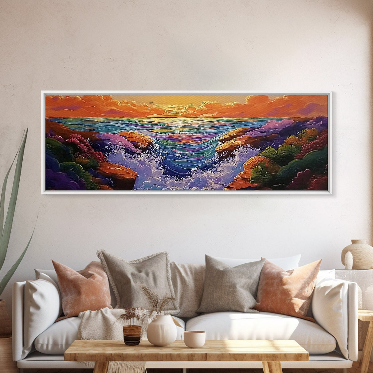 Sunset Coast, Vibrant Waters, Ocean Rocks, Canvas Print, Dreamy Beach Wall Art, Bright Living Room Decor, Boho Seascape Scene