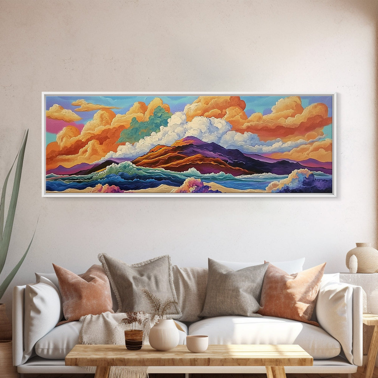 Mountain Coast, Color Clouds, Seaside Vibes, Framed Canvas Print, Tropical Landscape Art, Sunset Wall Decor, Bright Ocean Style