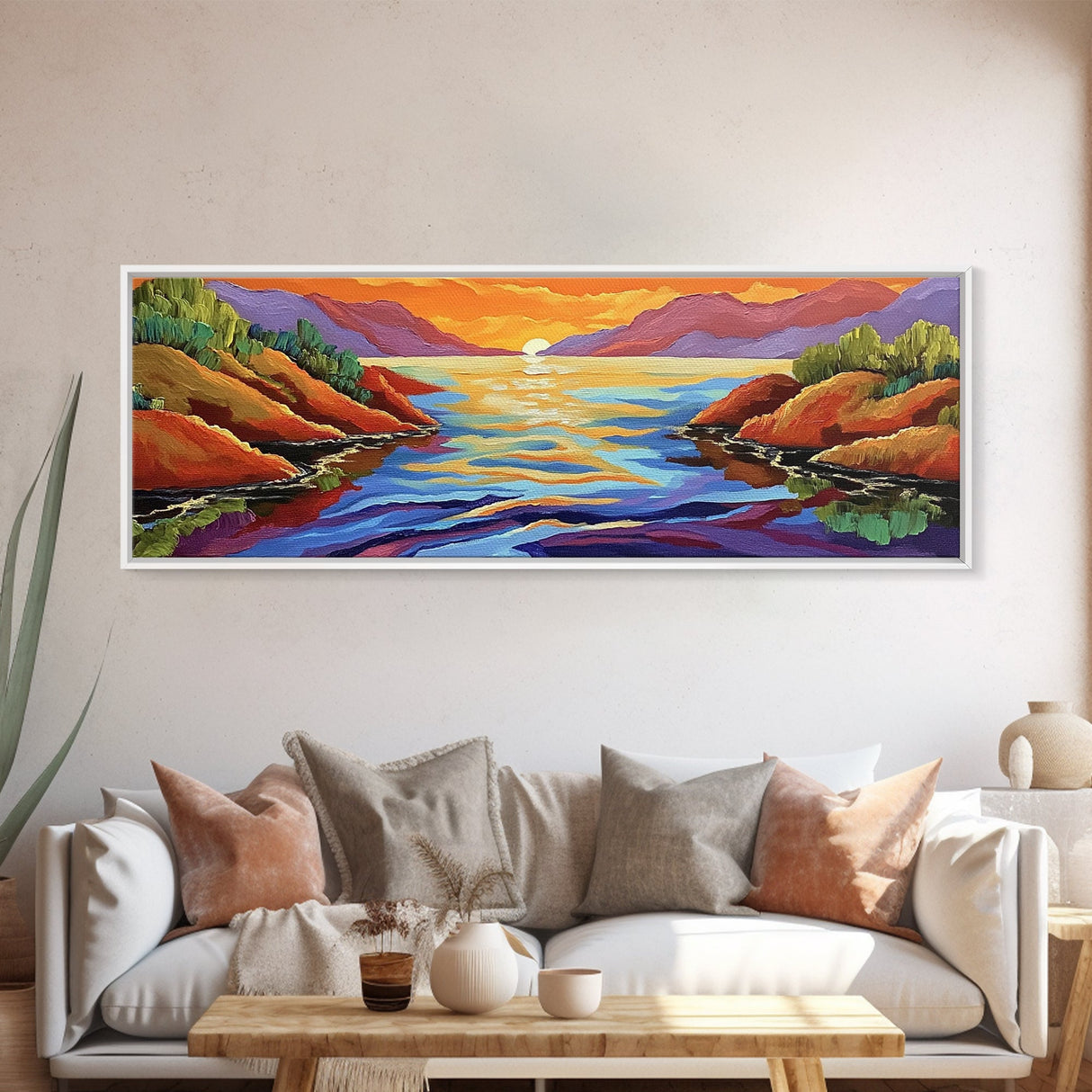 Sunset Lake, Mountain Reflection, Bold Colors, Canvas Print, Tranquil Landscape Art, Living Room Wall Decor, Nature Inspired Aesthetic