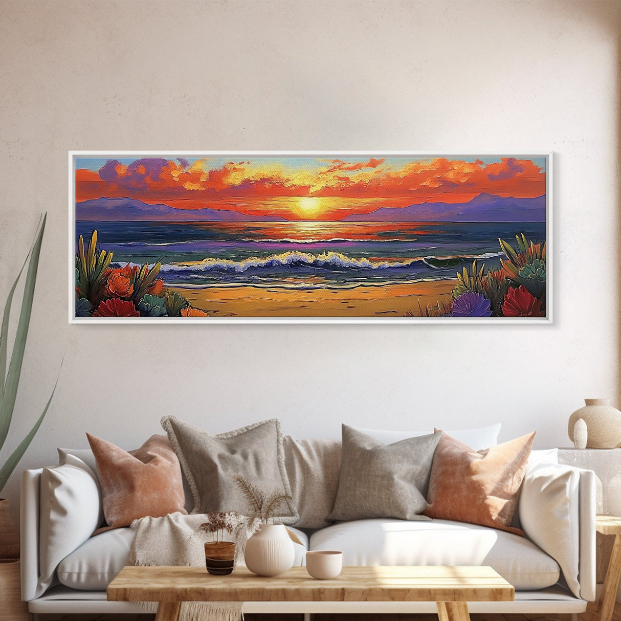 Sunset Shoreline Glow, Coastal Floral Painting, Serene Nature Art, Canvas Print, Boho Beach Decor, Living Room or Bedroom Wall Art