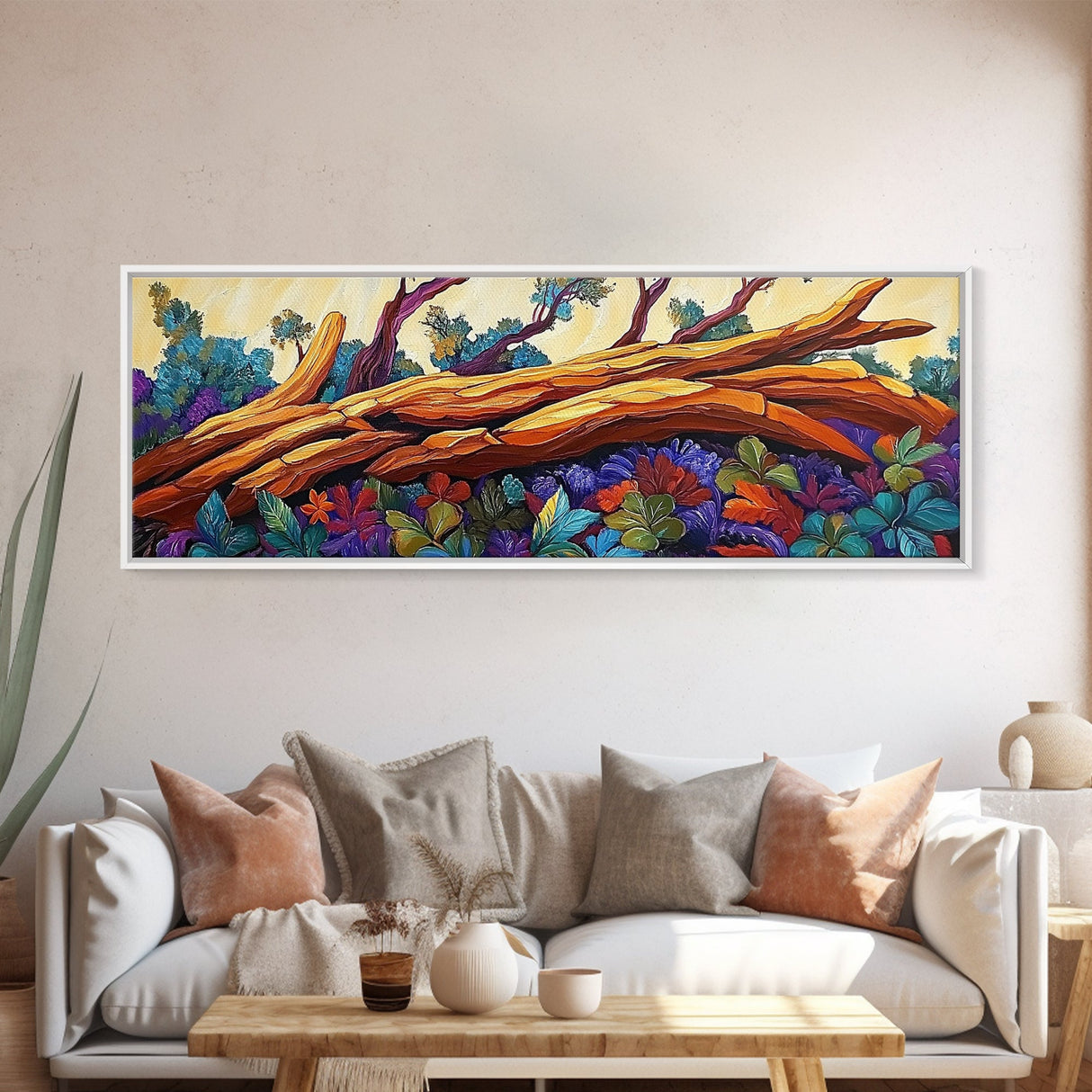 Vibrant Forest Scene, Autumn Landscape, Nature Wall Art, Framed Canvas Print, Rustic Decor, Cabin Artwork, Boho Fall Living Room Art