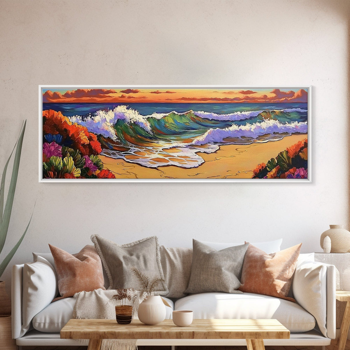 Ocean Curl, Autumn Surf, Sunset Beach, Floral Waves, Framed Canvas Print, Living Room Wall Art, Fall Coastal Painting, Bold Decor