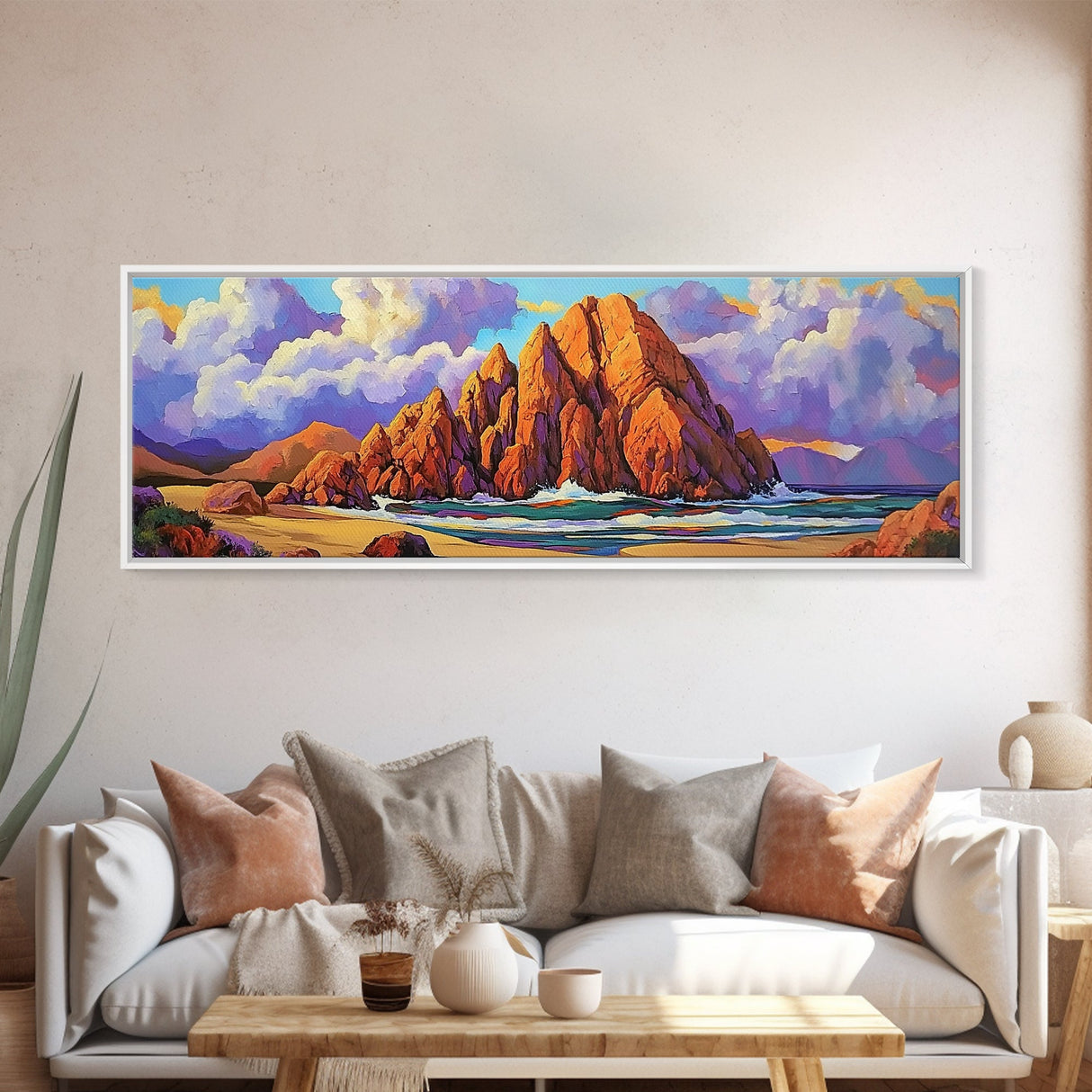 Rocky Beach Escape, Sunset Ocean View, Coastal Nature Art, Canvas Print, Tropical Wall Art, Bold Color Decor, Bedroom Seascape Art