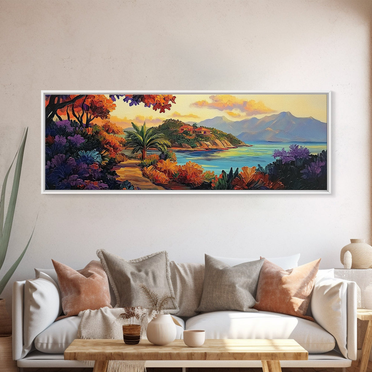 Island Retreat, Ocean View, Palm Trees, Colorful Foliage, Framed Canvas Print, tropical wall art, boho living room accent piece