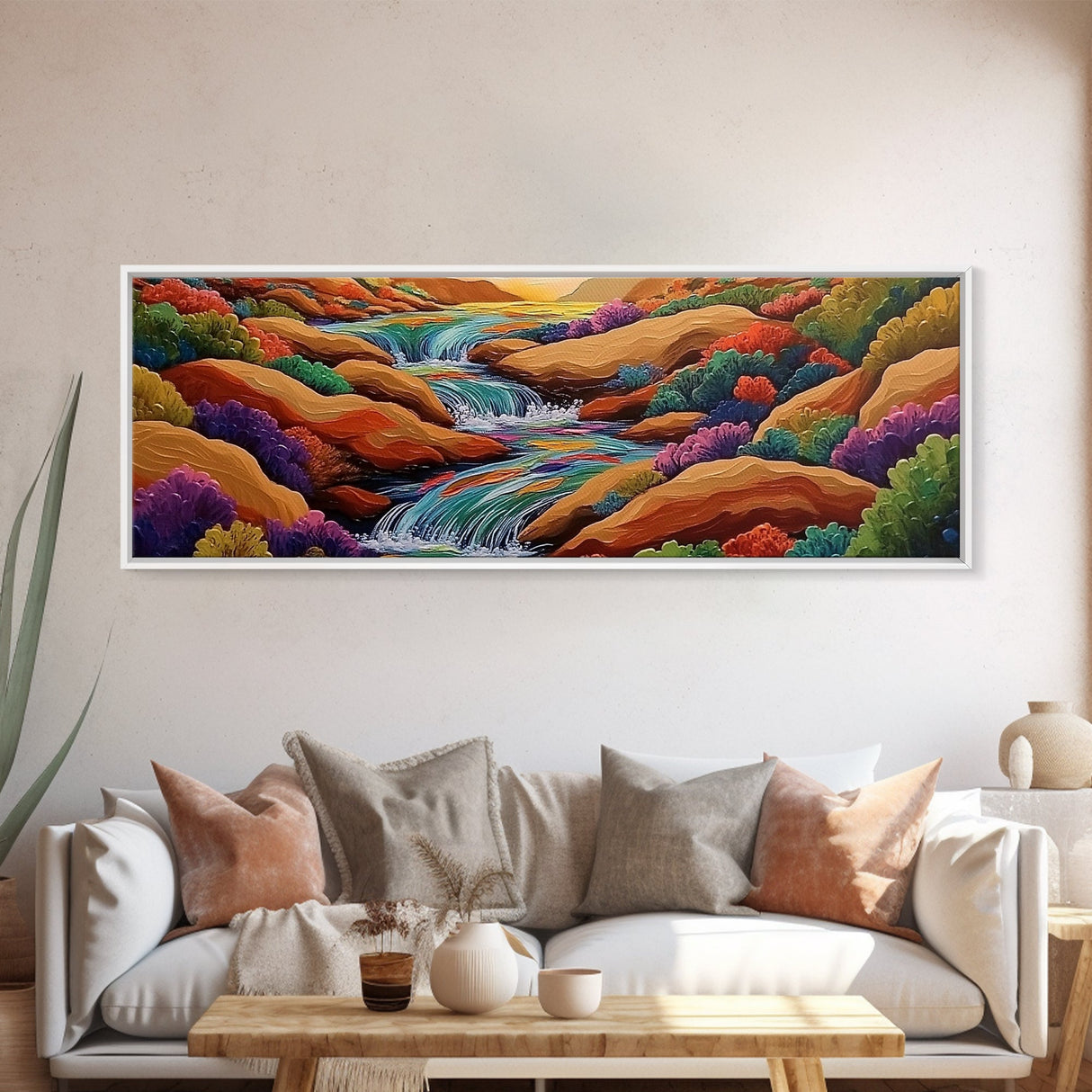 Waterfall Path, Desert Stream, Colorful Bushes, Sunset Flow, Framed Canvas Print, nature inspired art, spa room decor, zen wall style