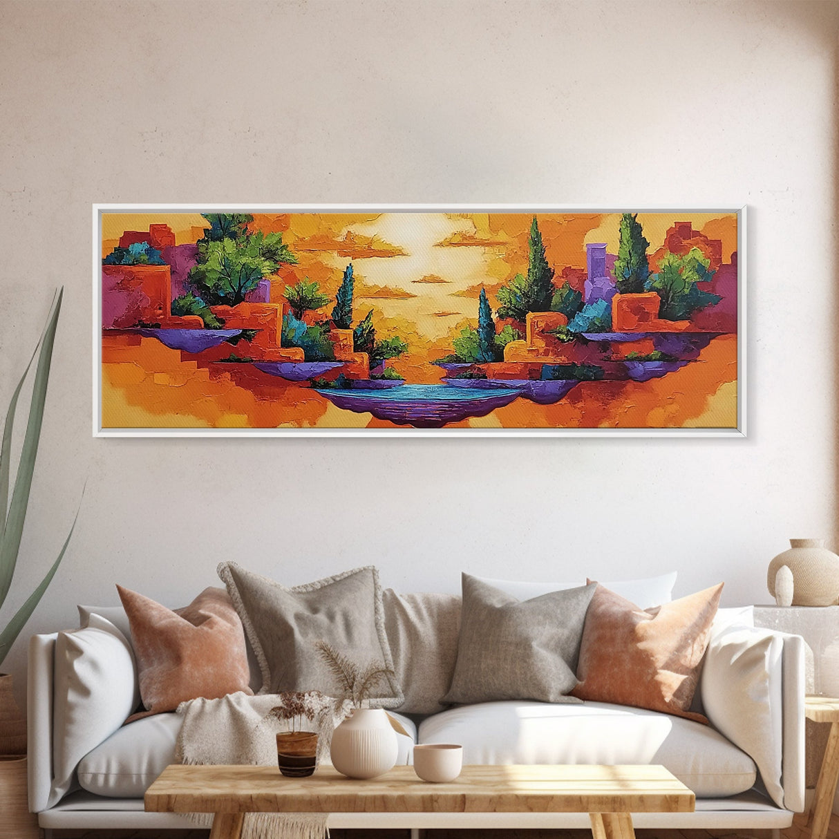Sunset Islands, Floating World, Fantasy Village, Framed Canvas Print, Whimsical Wall Art, Eclectic Home Decor, Surreal Landscape Art
