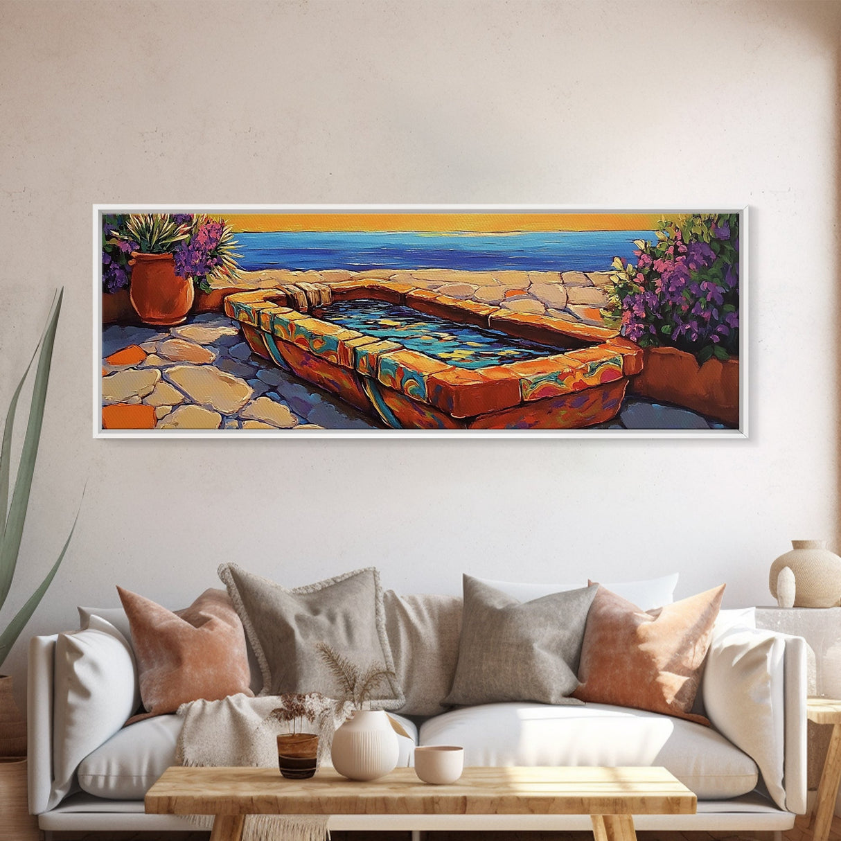 Sunset Garden View, Mediterranean Patio, Vibrant Colors, Coastal Escape, Framed Canvas Print, Bathroom Wall Art, Colorful Outdoor Art