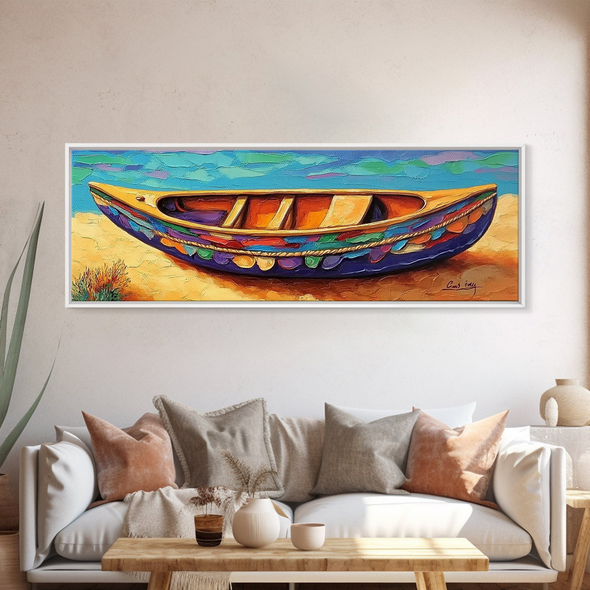 Colorful Canoe Art, Vibrant Coastal Boat, Tropical Beach Vibes, Canvas Print, Boho Beach Decor, Nautical Wall Art, Bathroom Art