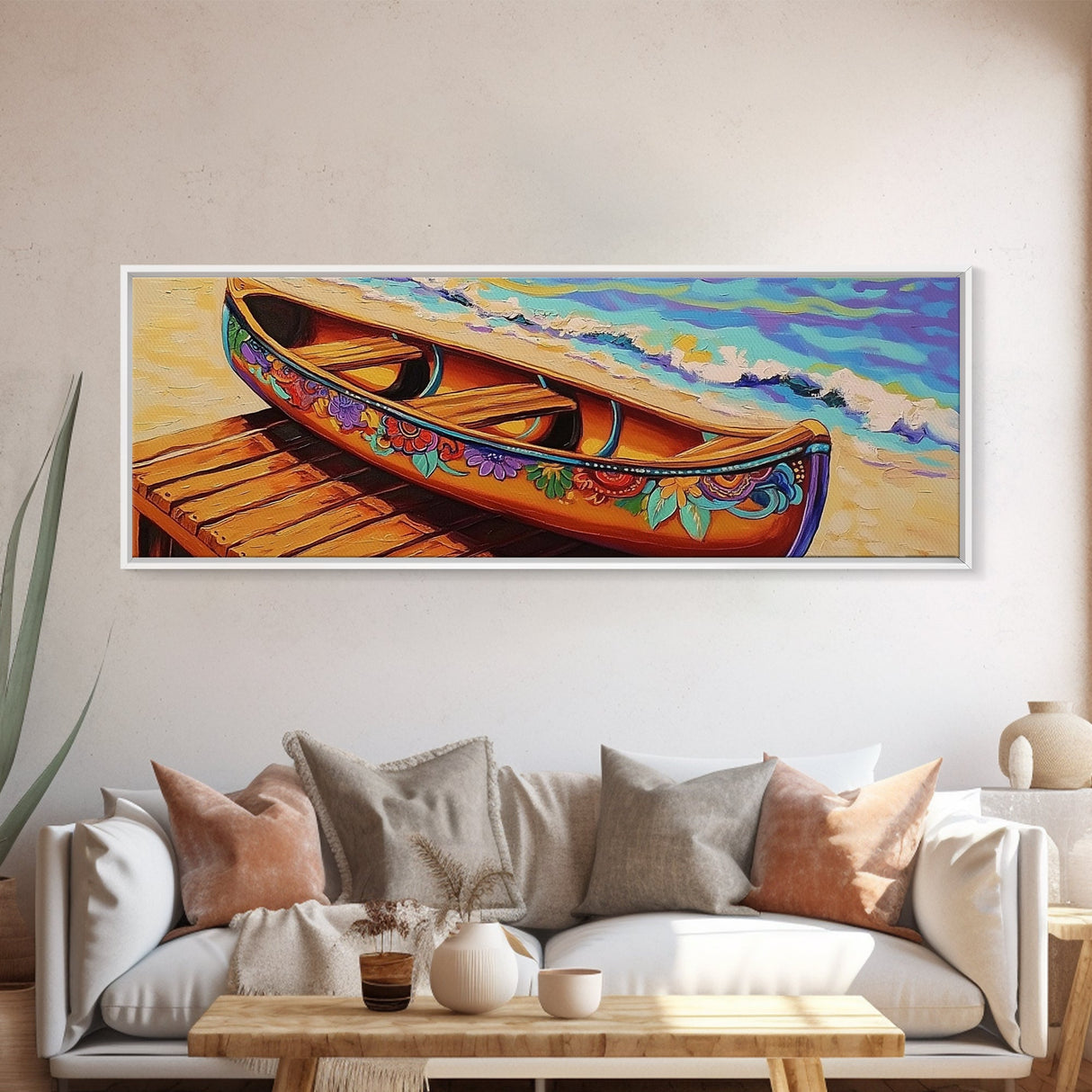 Floral Canoe Painting, Beachside Dock Art, Coastal Decor Accent, Canvas Print, Nautical Wall Art, Boho Beach House Living Room