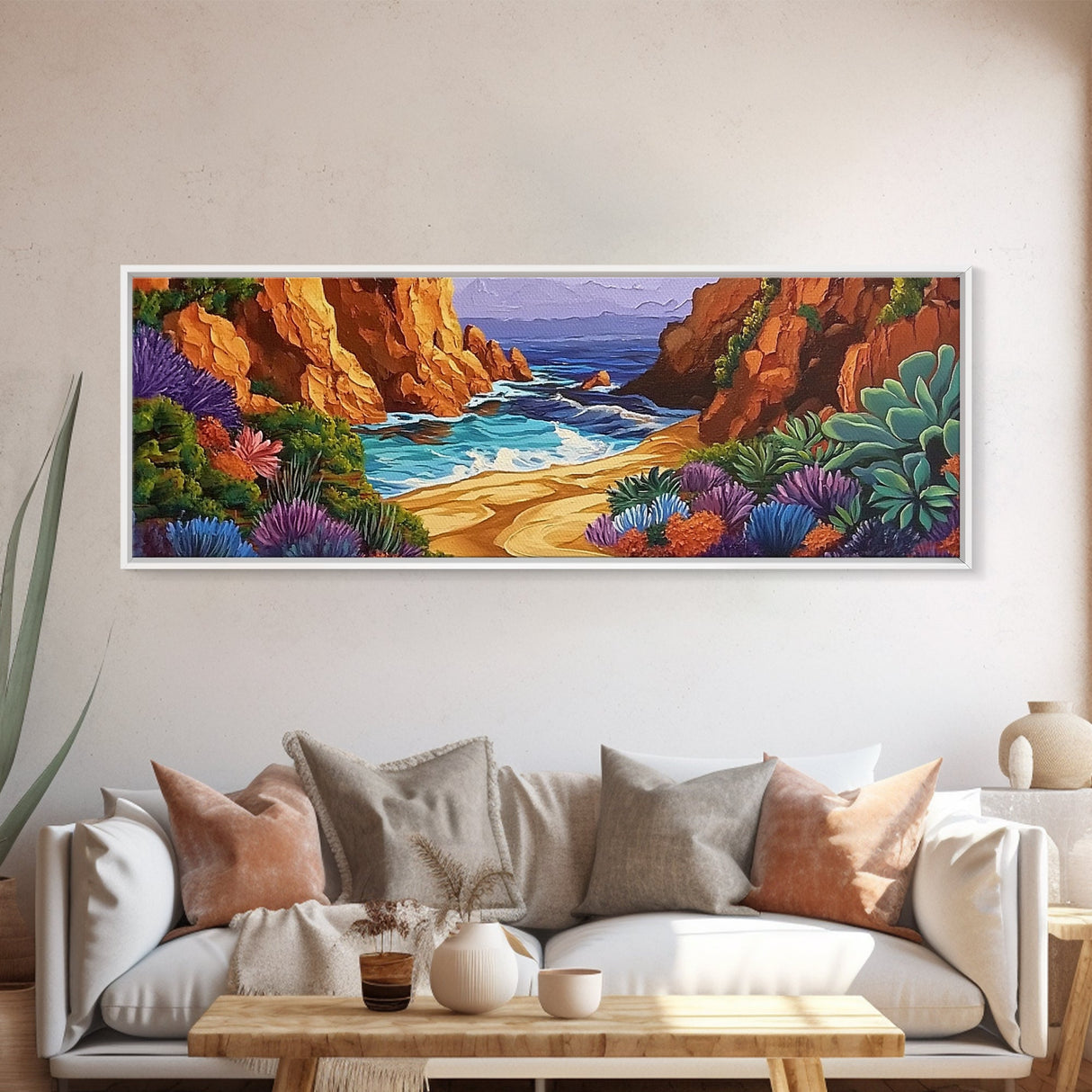 Hidden Cove Painting, Succulent Cliffside Beach, Colorful Ocean Art, Canvas Print, Desert Coastal Wall Art, Boho Nature Decor