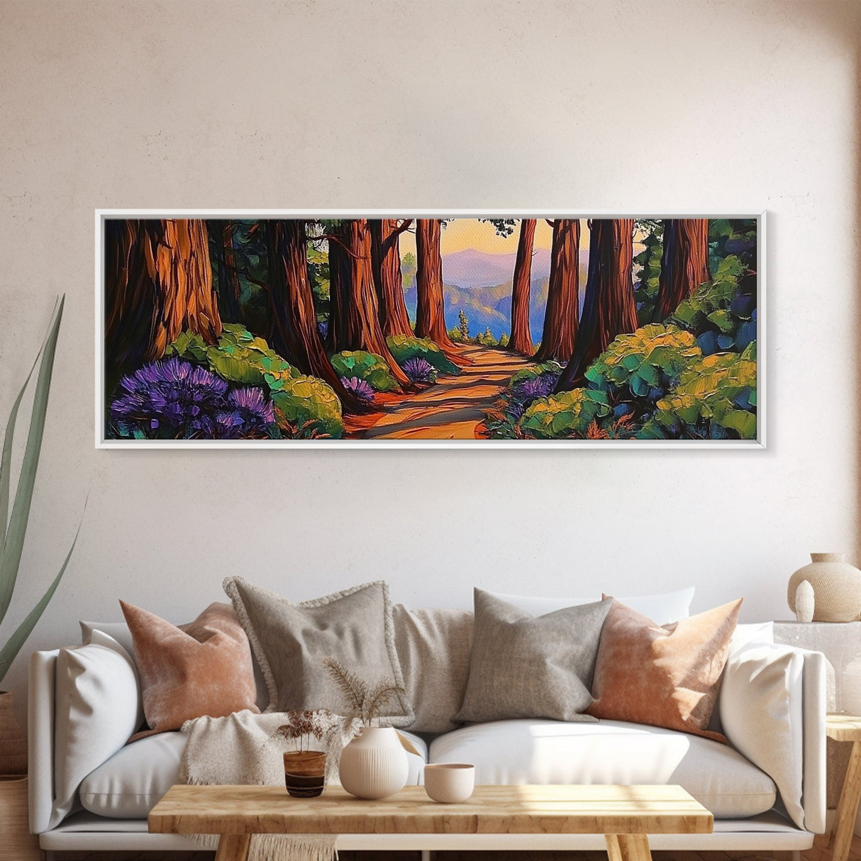 Redwood Forest, Sunset Path, Nature Trail, Peaceful Escape, Framed Canvas Print, Nature Wall Art, Bedroom Decor, Rustic Cabin Art