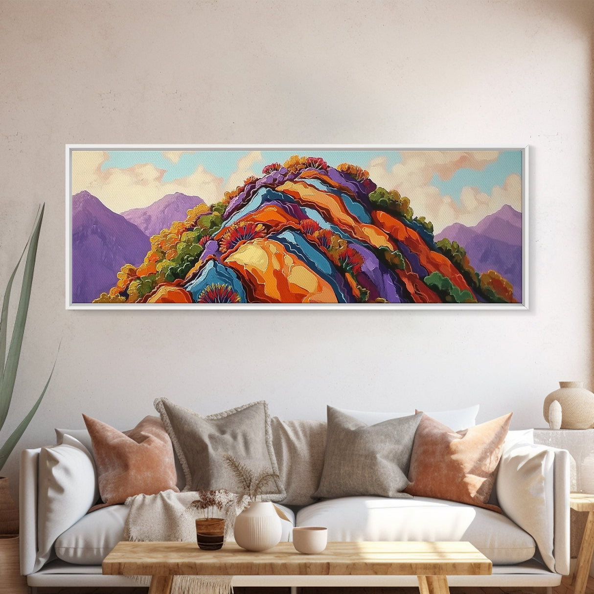 Painted Mountains, Autumn Hills, Desert Landscape, Bold Colors, Framed Canvas Print, Hallway Art, Vibrant Nature Decor, Western Style