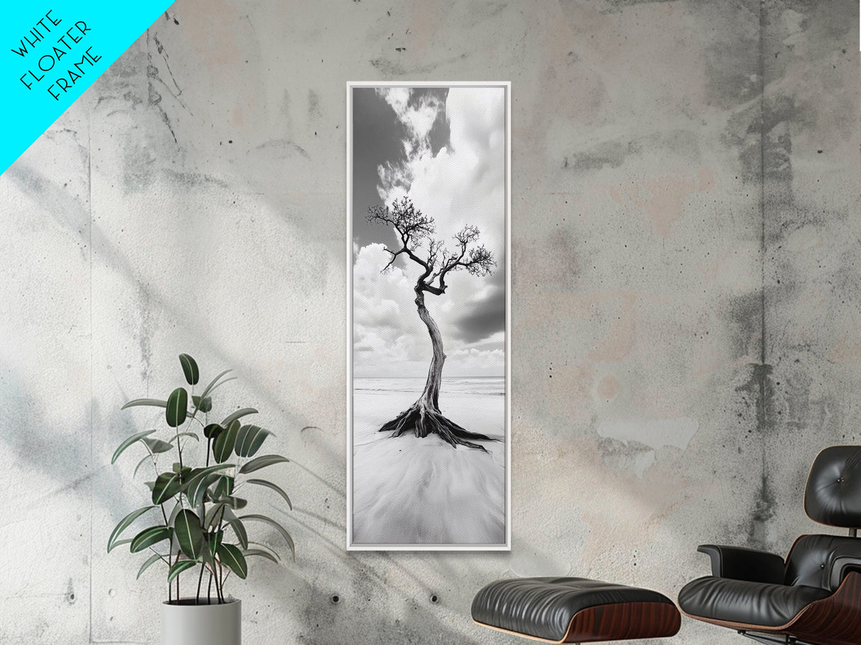 Solitary Tree, Beach Art, Surreal Landscape, Moody Wall Decor, Framed Canvas Print, Meditation Room Art, Monochrome Nature Style