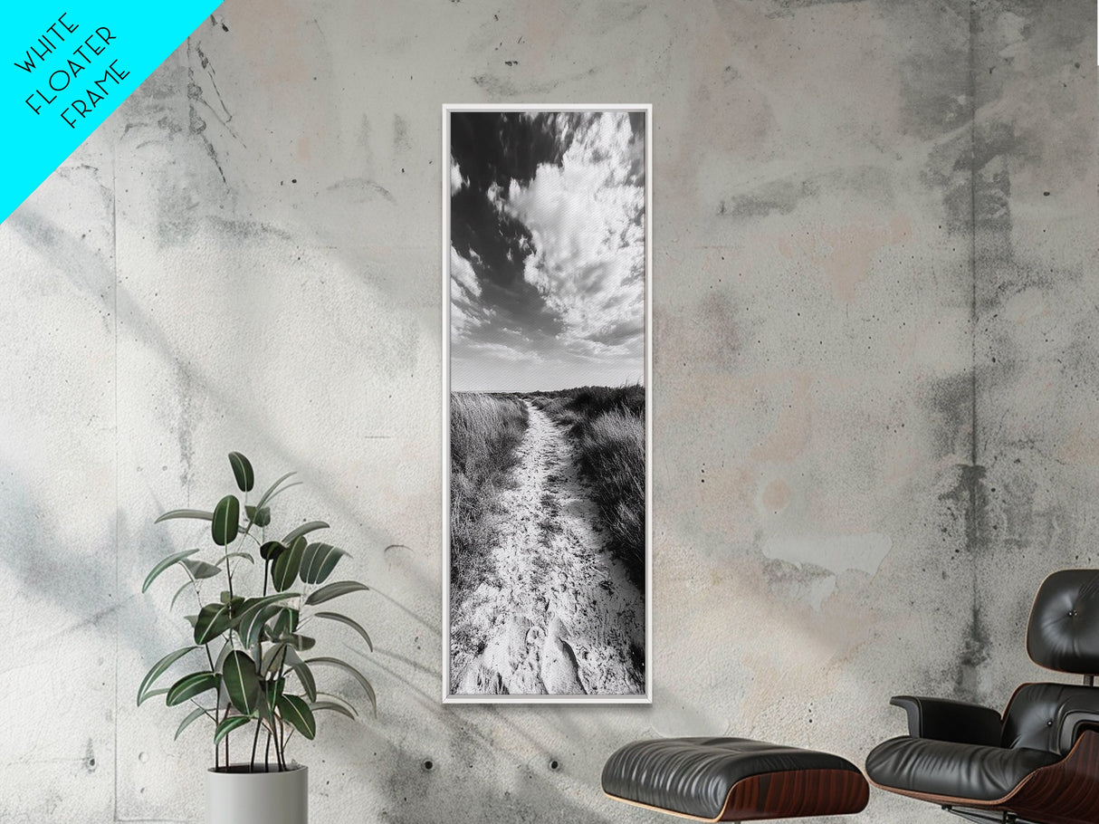 Sandy Trail, Beach Path, Cloudy Sky, Coastal Living, Framed Canvas Print, Relaxed Nature Vibe, Hallway Wall Art, Minimal Decor