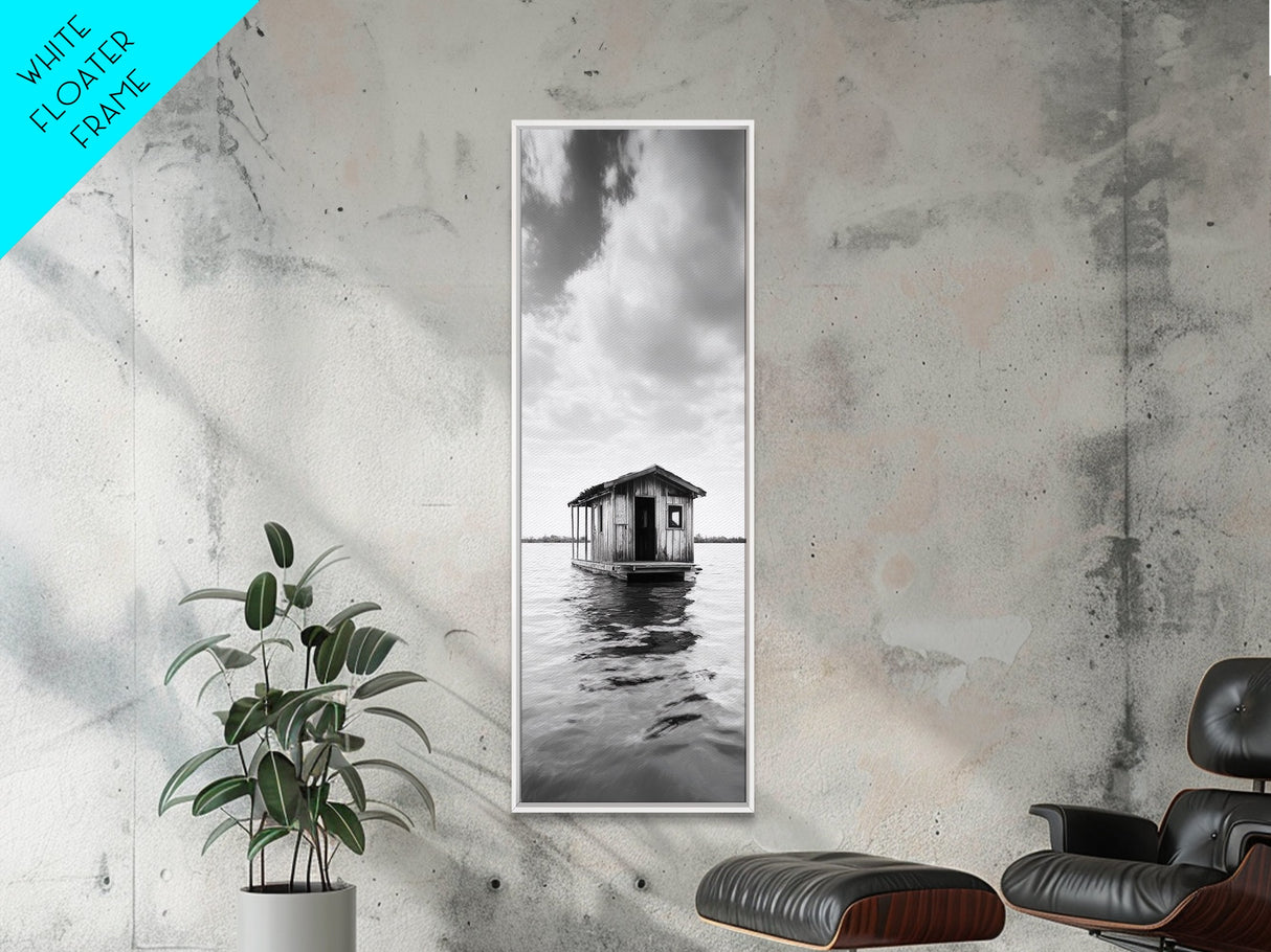 Floating Cabin, Water House, Tranquil Escape, Framed Canvas Print, Serene lake house wall art, Cabin decor, Nature minimalist bathroom print