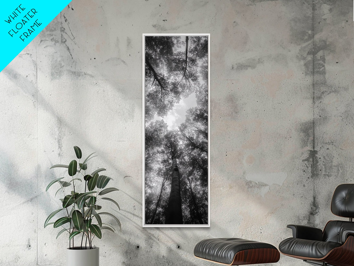 Forest Canopy, Nature Perspective, Tranquil Trees, Black and White, Framed Canvas Print, Cabin Wall Art, Scandinavian Decor, Minimalist Style