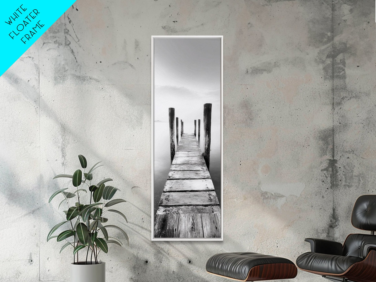 Rustic Dock, Peaceful Lake, Minimal Landscape, Black and White Art, Canvas Print, Tranquil Nature Scene, Entryway Art, Bedroom Wall Art