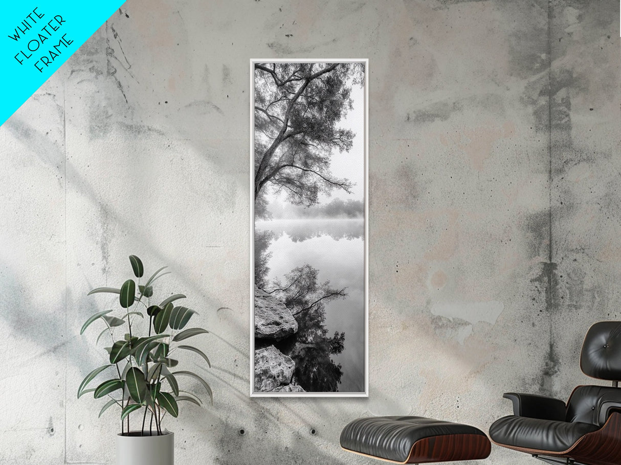 Misty Lake, Tree Reflection, Tranquil Morning, Framed Canvas Print, Bedroom Wall Art, Serene Nature Photography, Minimalist Art Style