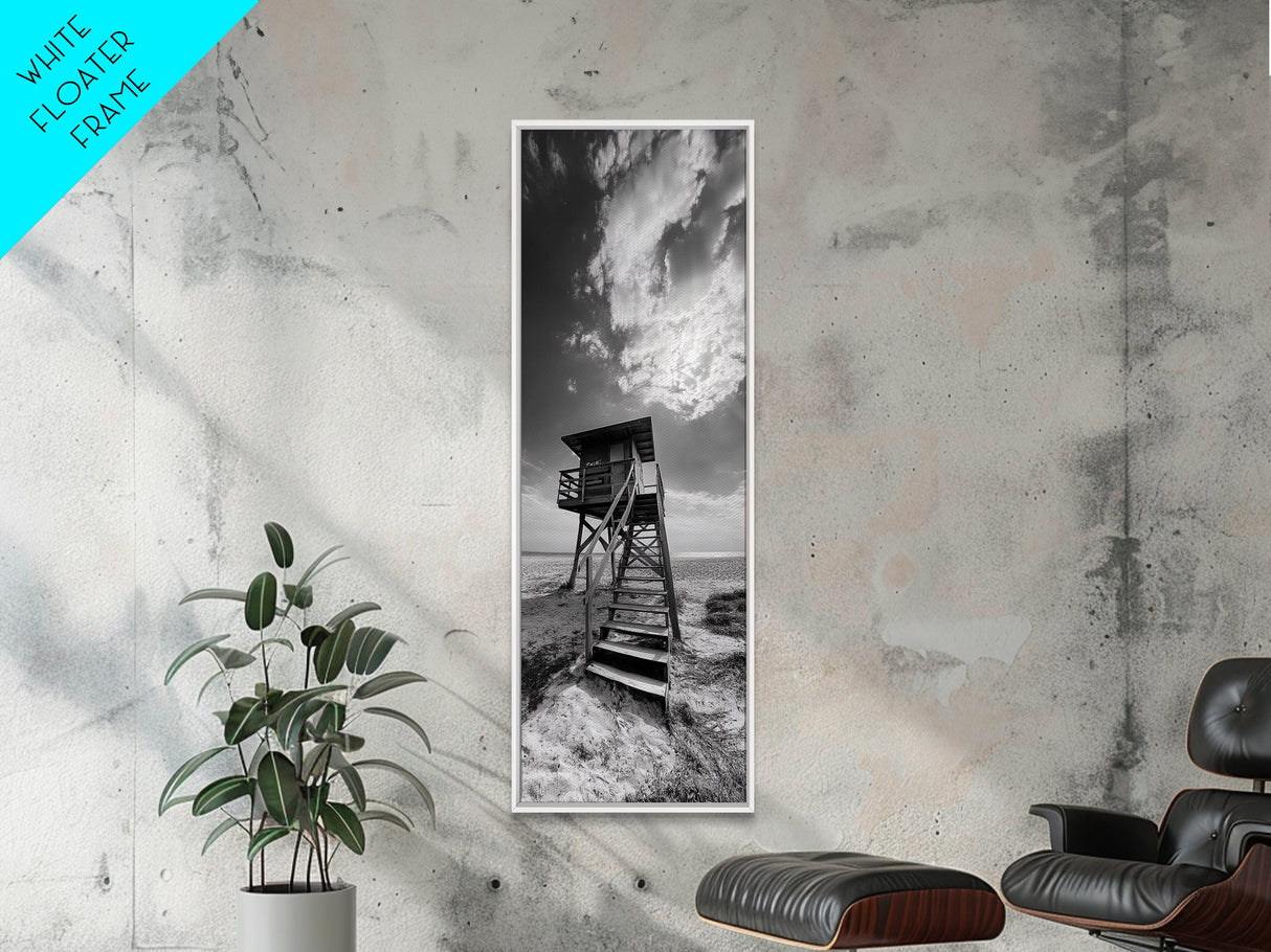 Lifeguard Tower, Beach Vibes, Ocean Escape, Dramatic Sky, Framed Canvas Print, Surf Shack Decor, Coastal Bedroom Wall Art, Minimal Beach Art