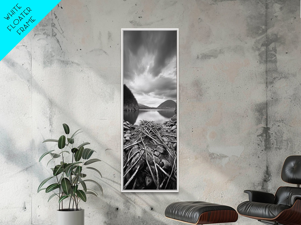 Lake Driftwood, Mountain Lake, Nature Reflection, Rugged Shoreline, Framed Canvas Print, Cabin Wall Art, Autumn Nature Photography Style