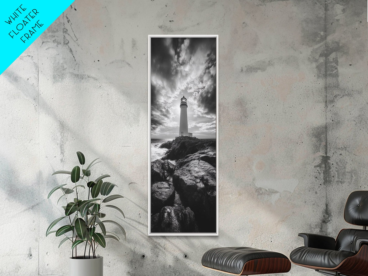 Coastal Beacon, Nautical Light, Ocean Landscape, Sunset Sky, Lighthouse Photography Framed Canvas Print, Living Room Nautical Wall Art