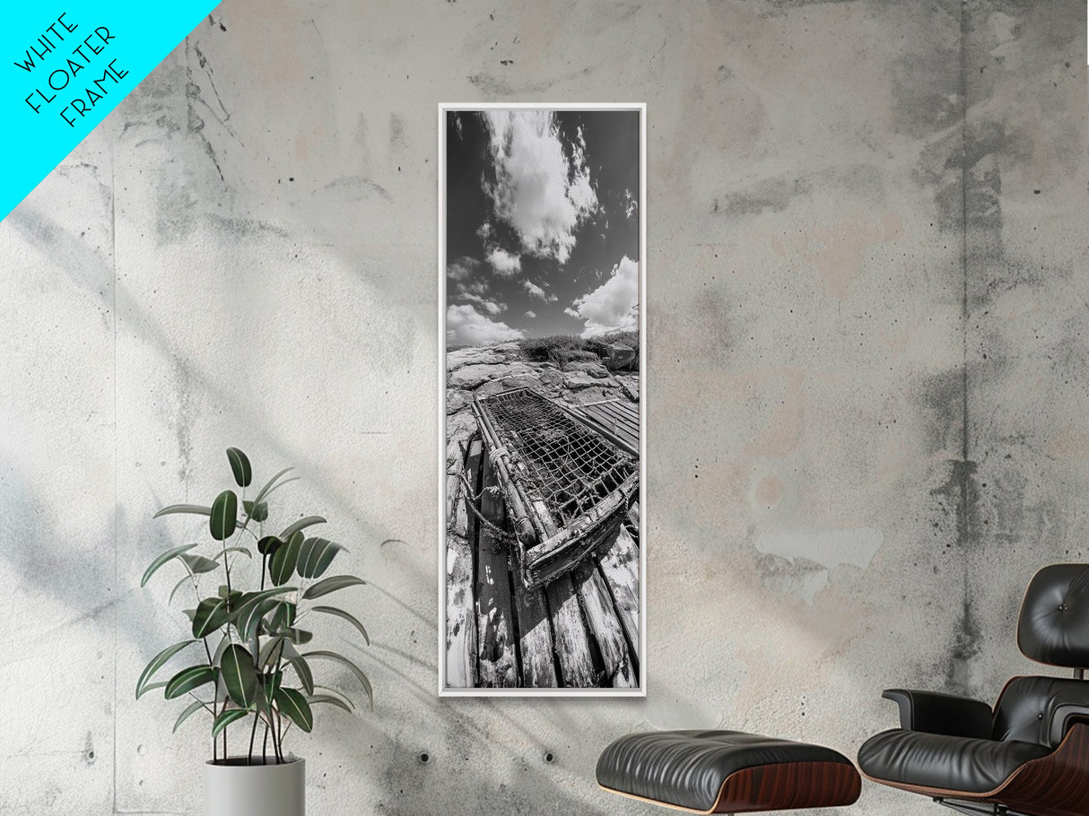 Weathered Trap, Lobster Fishing, Coastal Netting, Ocean Life, Rustic Seaside Framed Canvas Print, Beach House Nautical Wall Art
