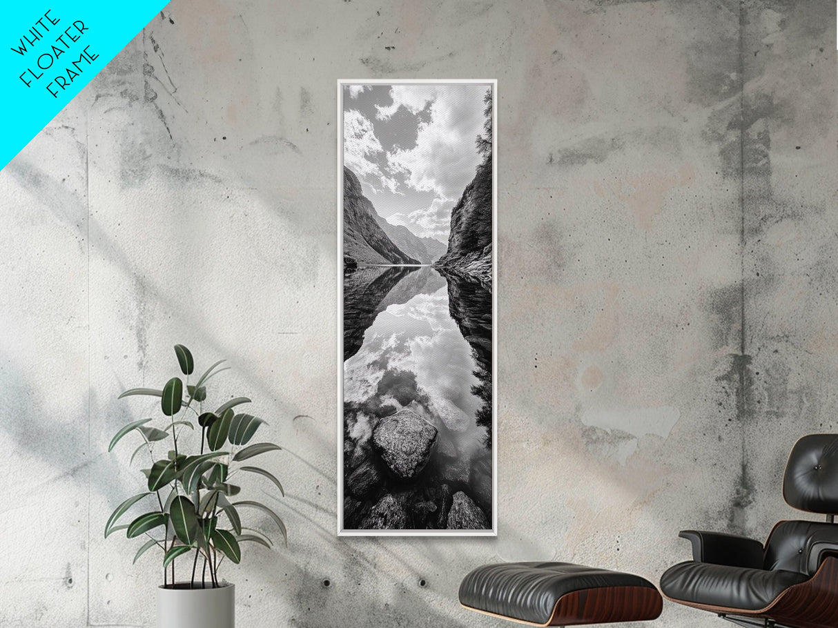 Reflective Lake, Cloud Mirror, Mountain Calm, Canvas Print, Serene Bedroom Wall Art, Nature Tranquility, Scandinavian Landscape Style