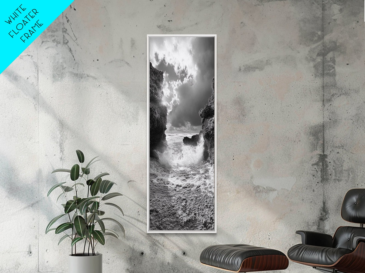 Wave Crash Rocks, Ocean Drama Scene, Moody Beach Photography, Coastal Kitchen Decor, Framed Canvas Print, Nautical Wall Art