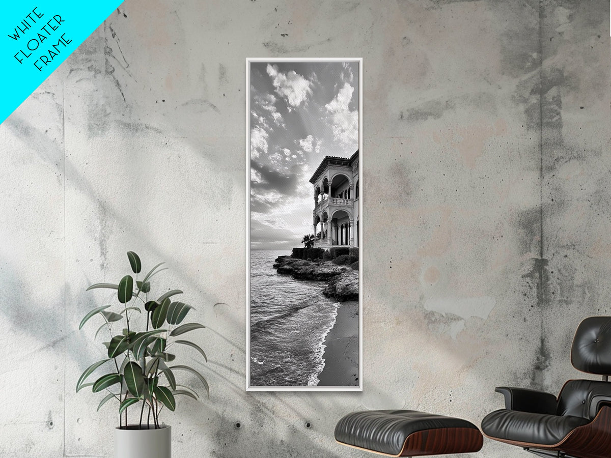 Italian Villa Coast, Seaside Architecture Print, Elegant Travel Decor, Framed Canvas Print, Dining Room Wall Art, Monochrome