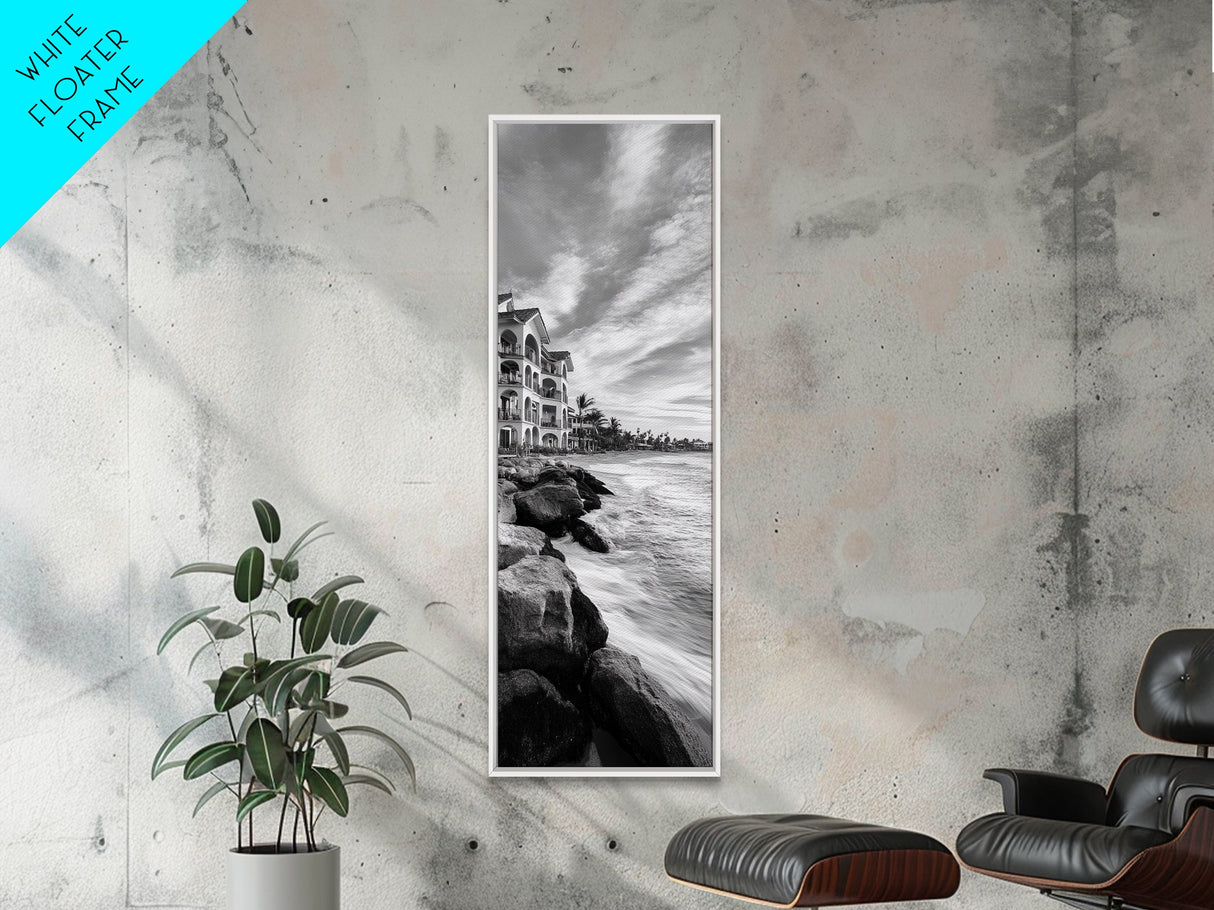 Coastal Resort Scene, Waves Rocks Hotel, Tropical Vacation Art, Beach House Wall Decor, Canvas Print, Living Room Style, Coastal Minimalist