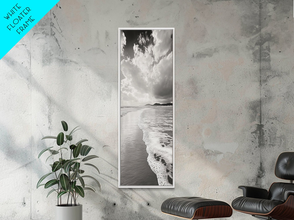 Beach Horizon, Ocean Calm, Foamy Shore, Black White Coastal Art, Canvas Print, Bathroom Decor, Peaceful Coastal Minimalist Style