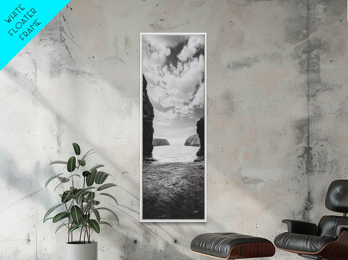 Seaside Cliffs, Ocean Gateway, Tranquil Cove, Framed Canvas Print, Nautical Wall Art, Modern Coastal Decor, Neutral Beach Style