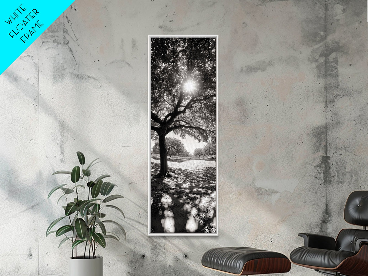 Sunlight Tree, Autumn Glow, Nature Shadowplay, Black White Forest Scene, Canvas Print, Fall Living Room Art, Boho Earthy Wall Decor