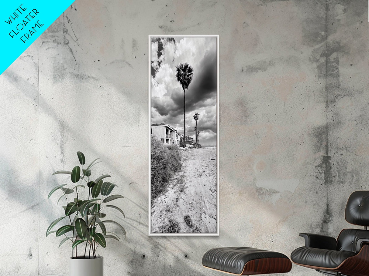 Palm Beach, Coastal Homes, Overcast Sky, California Vibe, Framed Canvas Print, Neutral Beach House Wall Art, Minimalist Seaside Style