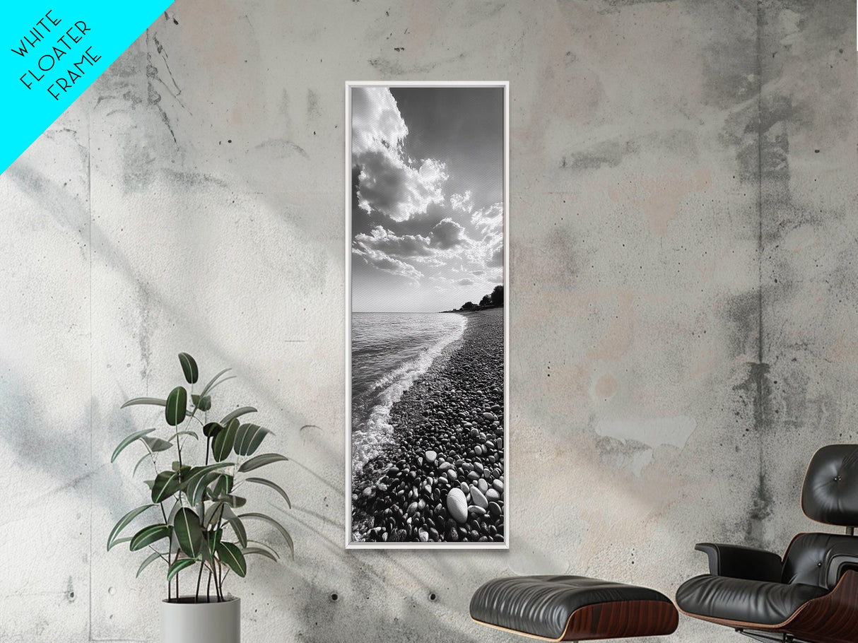 Pebble Beach, Gentle Waves, Coastal Calm, Framed Canvas Print, Minimalist Bathroom Wall Art, Nature Texture Decor, Seaside Zen, Office Wall Art