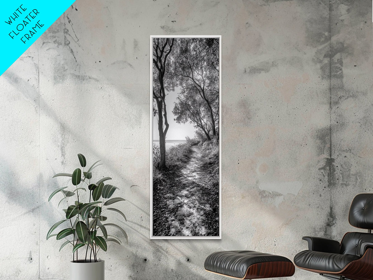 Lakeside Pathway Scene, Forest Walk Tranquility, Coastal Trail Mood, Framed Canvas Print, Nature-Lover Bedroom Wall Art, Cabin Wall Art