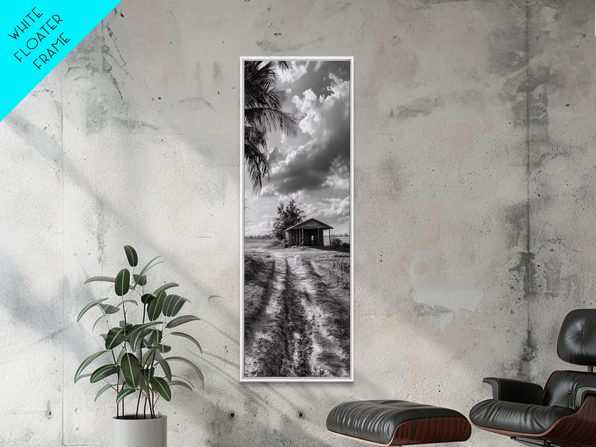 Rustic Cabin, Countryside Road, Farm Field, Palm Trees, Framed Canvas Print, Farmhouse Entryway Wall Art, Fall Landscape, Den Wall Art