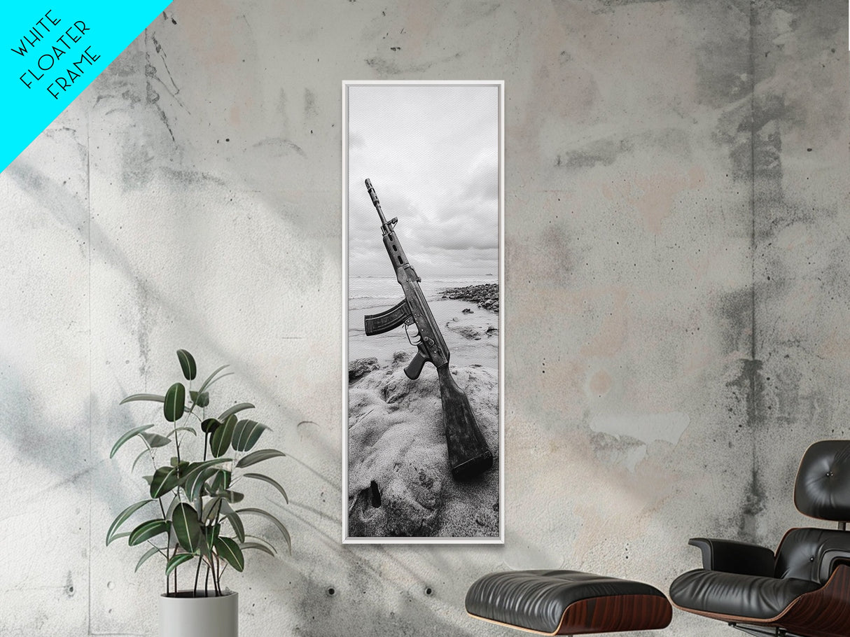 War Relic, AK Rifle, Surreal Beach Scene, Framed Canvas Print, Bold Statement Art, Bachelor Pad or Office Decor, Rustic Industrial Style