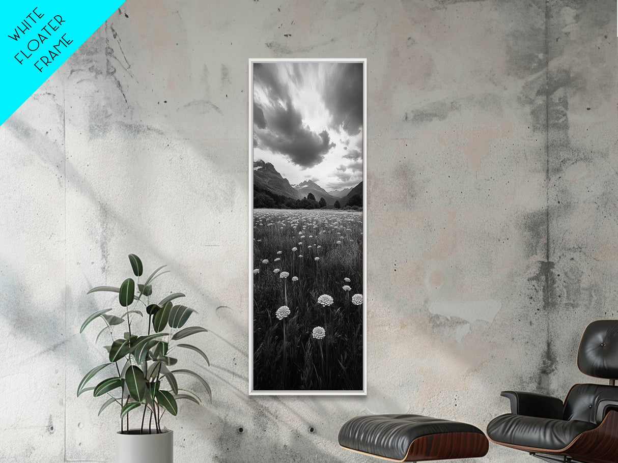 Wildflower Field, Alpine Meadow, Mountain Backdrop, Nature Print, Serene View, Framed Canvas Print, Living Room Wall Art, Rustic Farmhouse Decor