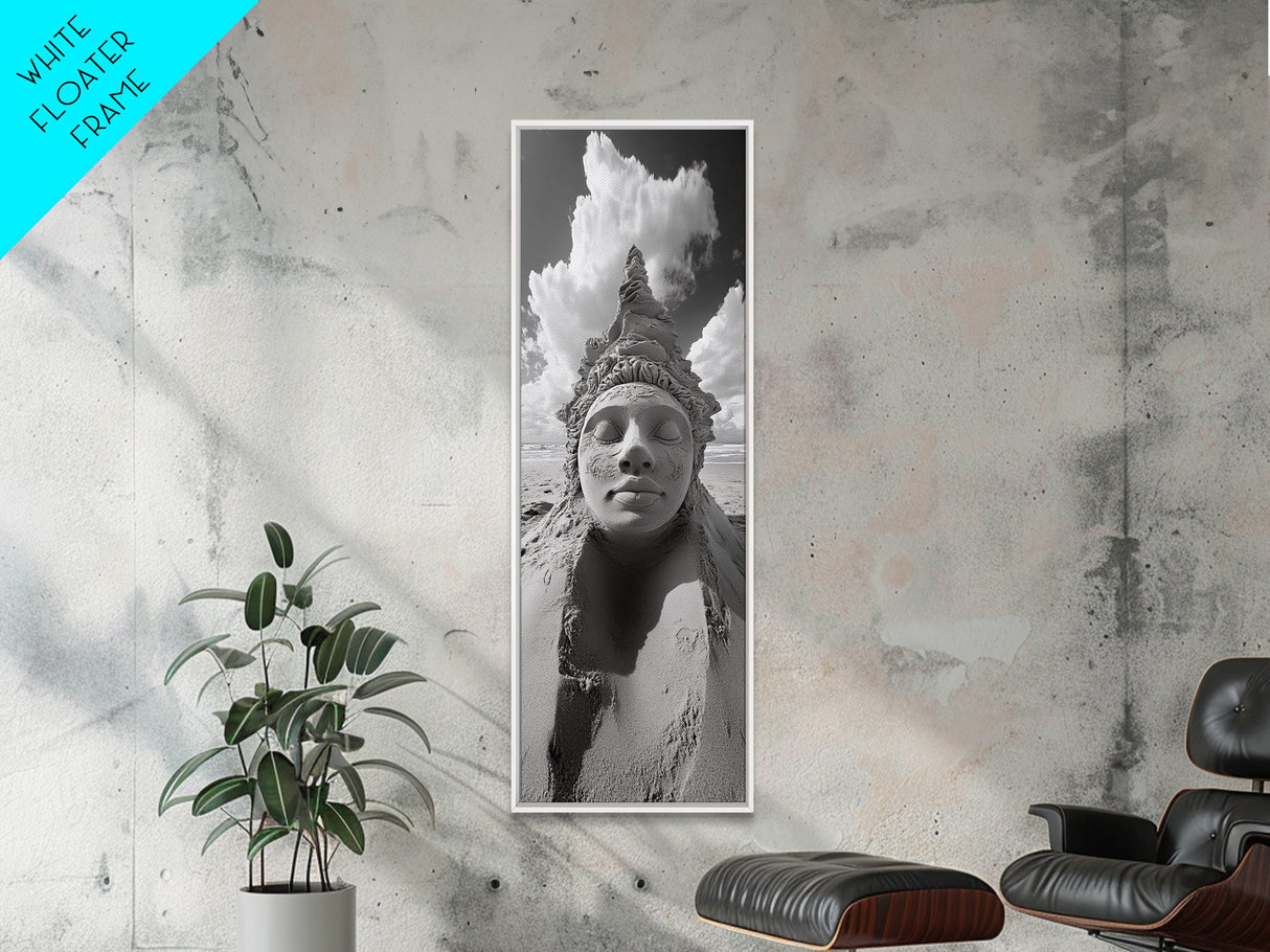 Sand Face Sculpture, Surreal Beach Art, Dreamy Zen Vibe, Boho Bedroom Decor, Framed Canvas Print, Spiritual Minimalist Wall Style