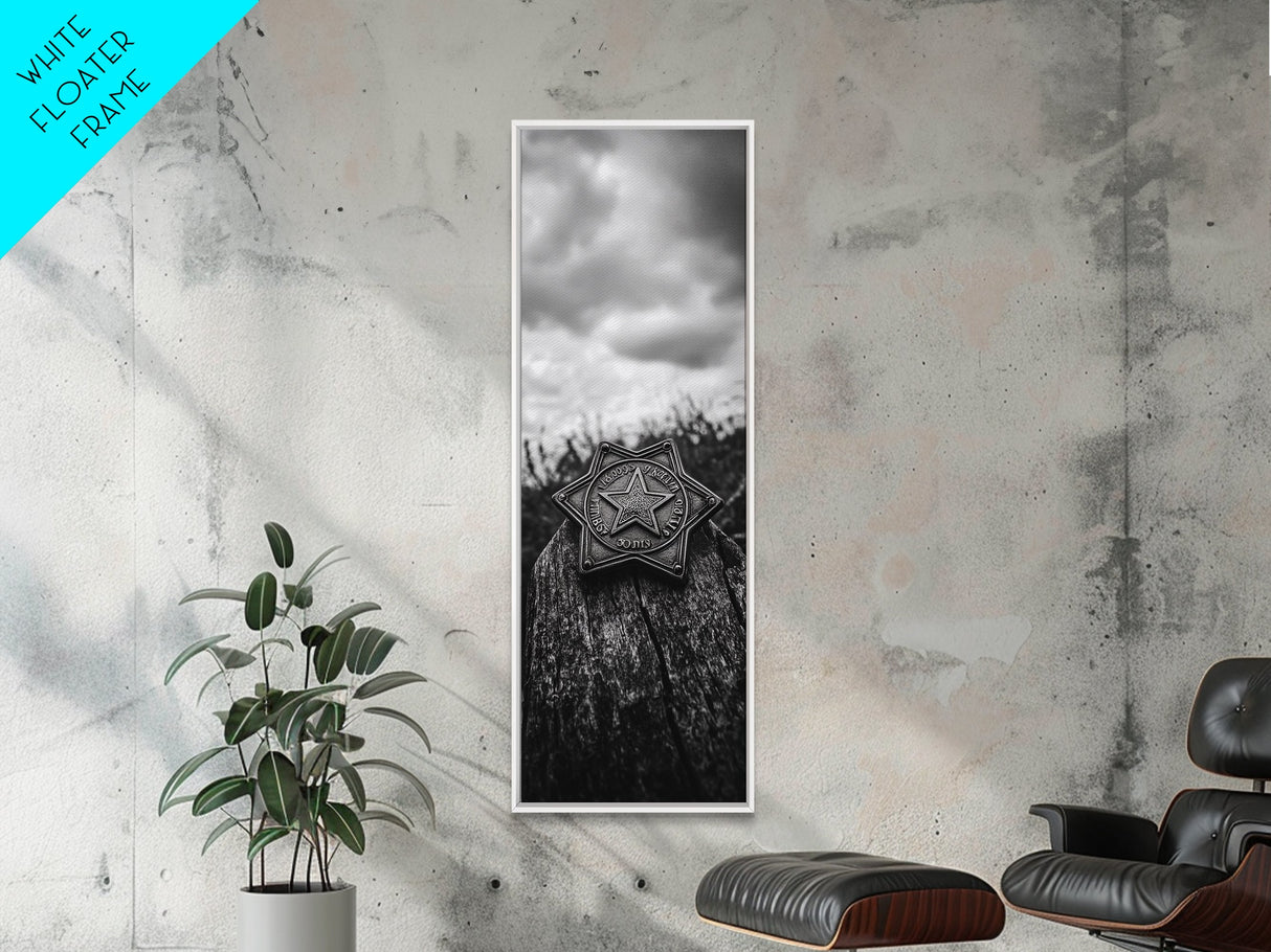 Sheriff Badge, Western Star, Rustic Metal, Weathered Wood, Americana Wall Art Framed Canvas Print, Office Western Decor, Cowboy Style