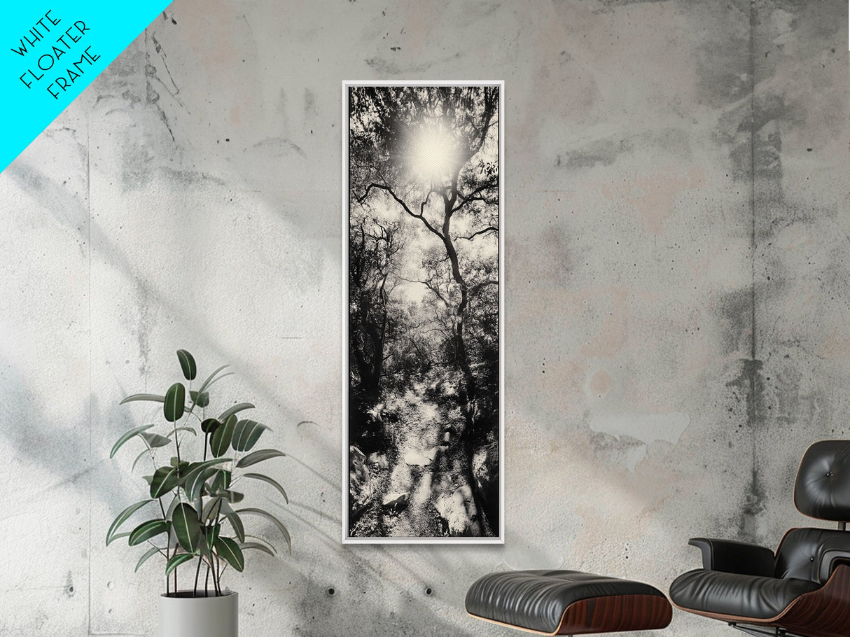 Forest Path, Sunburst Trees, Woodland Trail, Nature Light Framed Canvas Print, Boho Entryway Wall Art, Autumn Rustic Home Decor