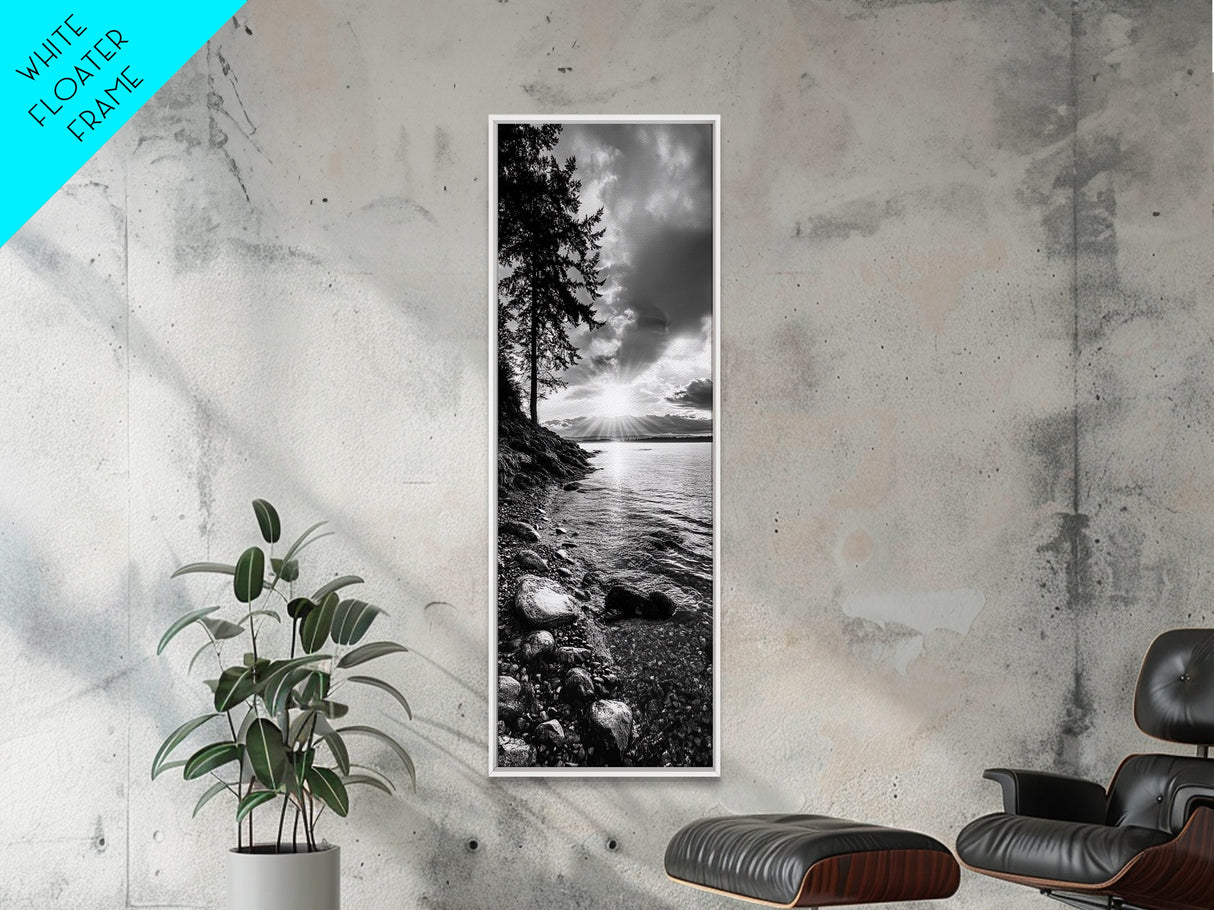 Tree Shoreline, Tranquil Water, Sunset Reflection, Peaceful Horizon, Framed Canvas Print, Nature Photography, Cabin Wall Art