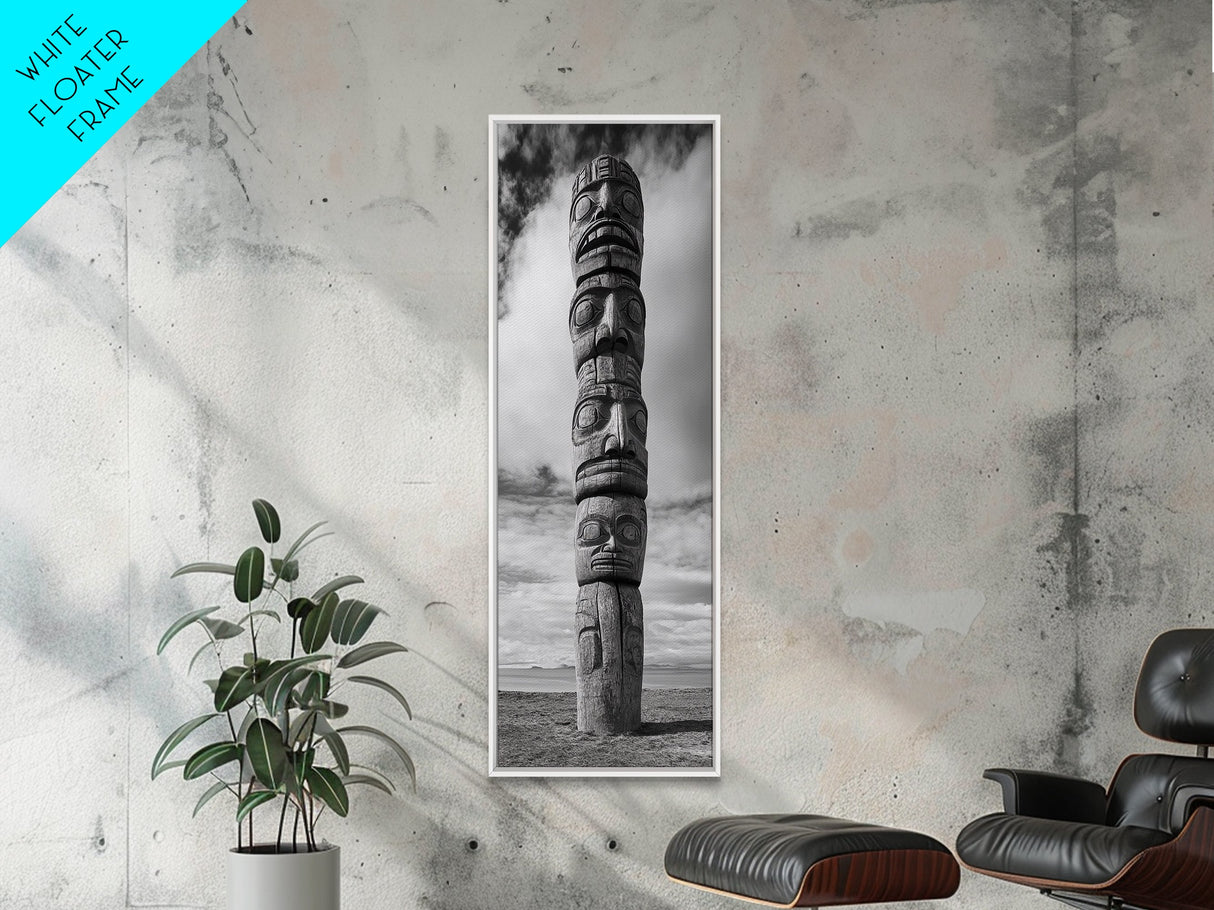 Totem Pole, Tribal Faces, Historic Symbolism, Canvas Print, Cultural Wall Decor, Office Wall Art, Rustic Museum Style Photography