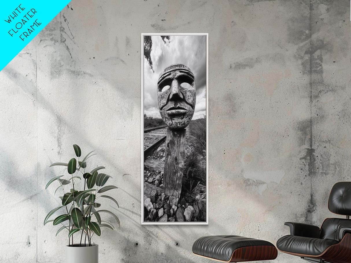 Tribal Mask, Railway Art, Abstract Face, Canvas Print, Surreal Wall Art, Eclectic Living Room Decor, Boho Urban Art, Monochrome Photography