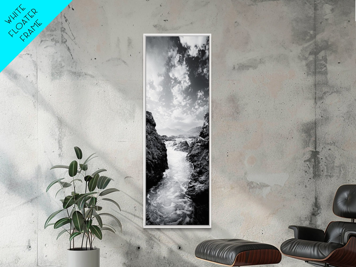 Waterfall Rocks, Mountain Mist, River Flow, Canvas Print, Black And White Landscape Art, Nature Bedroom Decor, Zen Retreat Wall Piece