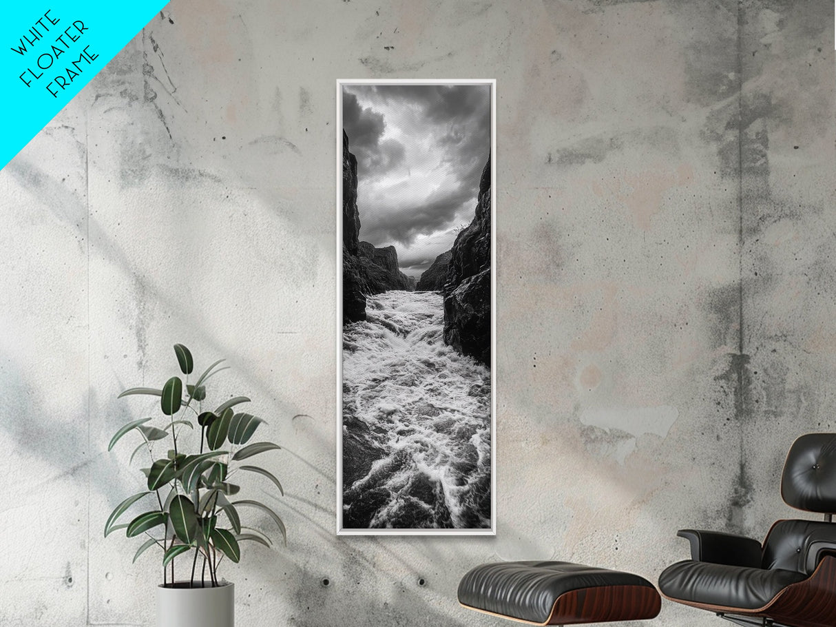 Wild River Path, Nature Wall Decor, Adventure Landscape, Monochrome Rapids, Framed Canvas Print, Rustic Living Room Wall Art, Moody Photography