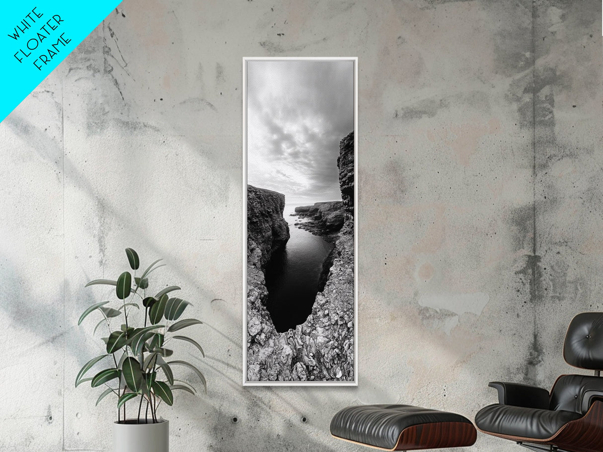 Seaside Cliffscape, Ocean Horizon, Monochrome Nature Scene, Framed Canvas Print, Coastal Living Room Art, Modern Rustic Wall Decor